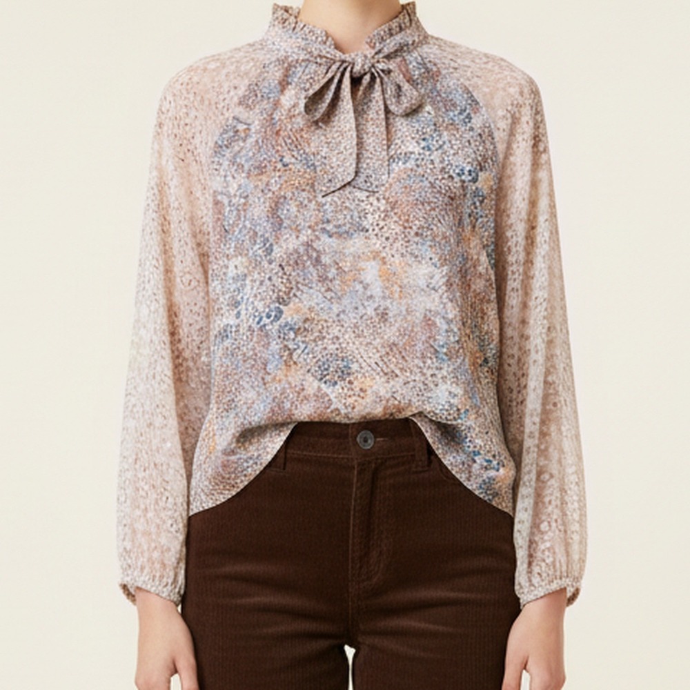 Mystree NWT Snakeskin Print Tie Neck Blouse Dusty Pink Sheer Sleeve Women S